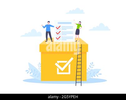 Concept de vote en ligne modèle plat dessin illustration vectorielle. Des personnes minuscules avec sondage de vote en ligne de l'enquête de travail ensemble. Illustration de Vecteur