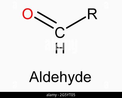 Groupe fonctionnel aldéhyde molécule atome formule isolée sur fond blanc chimie organique composé RCHO structure moléculaire carbone hydrogène oxyge Banque D'Images