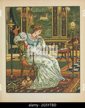 Le Hind dans les Bois AKA le Doe blanc ou le Doe dans les Bois est un conte de fées littéraire français écrit par Madame d'Aulnoy. Du livre « le Hind dans le bois » de Walter Crane écrit à l'origine par Madame d'Aulnoy (Marie-Catherine) Banque D'Images