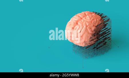 illustration 3d du concept de traitement ou de réparation du cerveau humain à faible teneur en poly. Rendu 3d isométrique du cerveau avec échafaudage dessus et espace de copie Banque D'Images