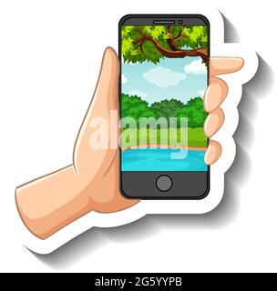 Un modèle d'autocollant avec illustration de smartphone tenant à la main Illustration de Vecteur