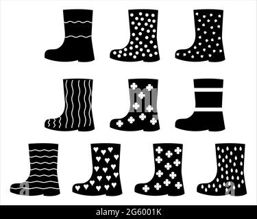 Un ensemble de silhouettes de bottes en caoutchouc aux motifs différents. Vecteur isolé sur fond blanc. Illustration de Vecteur