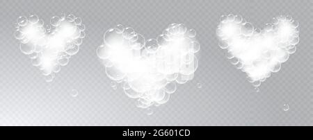 Ensemble de pièces de mousse de savon en forme de coeur. Vector Realistic SOAP suds. Symbole de Saint-Valentin. Arrière-plan transparent. Illustration de Vecteur