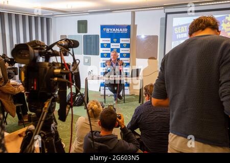 Michael O'Leary, PDG de Ryanair, a photographié lors d'une conférence de presse de la compagnie aérienne irlandaise à bas prix Ryanair, jeudi 01 juillet 2021 à Bruxelles. BELGA PHOTO NICOL Banque D'Images