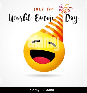 Journée mondiale d'Emoji, icône de sourire drôle dans un chapeau de fête. 17 juillet, texte de la Journée mondiale de l'émoticône avec un joli visage d'émoticône sur fond blanc vide. Illustration vectorielle Illustration de Vecteur