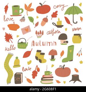 Ensemble d'automne mignon éléments dessinés à la main. Clip art automnal pour carte web poster couverture étiquette invitation autocollant illustration vectorielle. Illustration de Vecteur