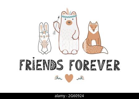 Ensemble de jolis petits animaux de style scandinave et de lettres « Friends Forever ». Ours sauvage, lapin et renard. Jolis éléments dessinés à la main pour bébé Illustration de Vecteur