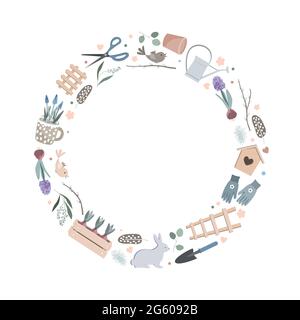 Cadre de Pâques scandinave vectoriel avec outils de jardin de printemps, figurine de lapin, branches de saule, œufs et cabane à oiseaux. Collection articles de saison Illustration de Vecteur