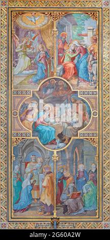 VIENNE, AUSTIRA - JUNI 24, 2021: La fresque du mystère joyeux du Rosaire dans l'église Votivkirche par les frères Carl et Franz Jobst Banque D'Images