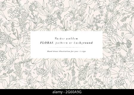 Carte vintage avec plantes, herbes et fleurs. Couronne fleurie. Cadre fleuri pour fleuriste avec motifs d'étiquettes. Fleurs de fond pour l'emballage de cosmétiques Illustration de Vecteur