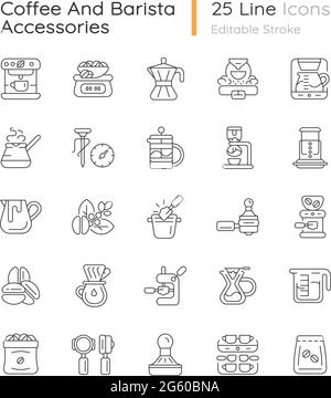 Ensemble d'icônes linéaires pour accessoires de café et de barista Illustration de Vecteur