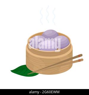 Petits pains cuits à la vapeur au taro violet doux. Pâtisseries chinoises avec patate douce violette Yam Bao Ube Pao. Vecteur de Buns d'igname de taro à vapeur dans un cuiseur vapeur en bois avec bâtons Illustration de Vecteur