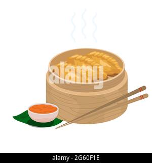 Boulettes momo frites dans un panier vapeur en bois. Illustration vectorielle de momos à légumes frits à la vapeur avec bâtonnets et sauce chutney. Plat népalais momo Icon iso Illustration de Vecteur