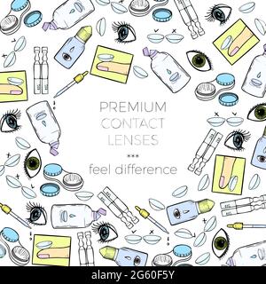 Bannière de lentilles de contact pour la clinique d'ophtalmologie ou la publicité de boutique de lentilles. Modèle de conception vectorielle avec yeux, lentilles et produits de soins de santé. Illustration de Vecteur