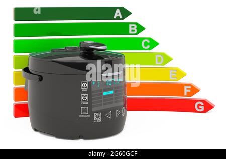 Multicuiseur automatique avec tableau d'efficacité énergétique, rendu 3D isolé sur fond blanc Banque D'Images