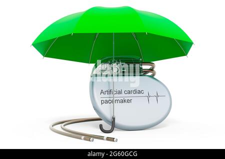 Pompe de stimulateur cardiaque artificielle sous parapluie, rendu 3D isolé sur fond blanc Banque D'Images