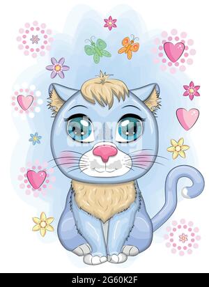 Mignon dessin animé bleu chat, chaton sur un fond de fleurs. Animaux sauvages, caractère, style mignon pour les enfants. Illustration de Vecteur