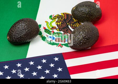 Etats-Unis d'Amérique, drapeaux du Mexique et avocats. Concept de commerce, d'importations et d'exportations agricoles d'avocats. Banque D'Images