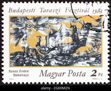 HONGRIE - VERS 1983: Un timbre imprimé en Hongrie du "Festival du Printemps de Budapest" montre Ship of Peace (Endre Szasz), vers 1983. Banque D'Images