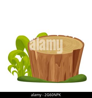 Souche d'arbre, vieux tronc avec herbe et mousse dans le style de dessin animé isolé sur fond blanc. Décoration de forêt, ressource d'interface utilisateur, objet détaillé et texturé. Illustration vectorielle Illustration de Vecteur