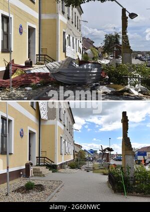 Hrusky, République tchèque. 1er juillet 2021. Une tornade a frappé le village de Hrusky et plusieurs autres villages du quartier de Breclav, en Moravie du Sud, en République tchèque, le jeudi 24 juin, 2021. En haut de la photo est vu une partie du village le vendredi 25 juin 2021, Down est la même place le 1er juillet 2021. Crédit: Vaclav Salek/CTK photo/Alay Live News Banque D'Images