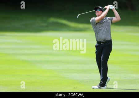 John Catlin joue un deuxième tir le 3e jour de l'Open d'Irlande duty Free de Dubaï au parcours de golf Mount Juliet Estate, Thomastown, Co Kilkenny. Date de la photo : jeudi 1er juillet 2021. Banque D'Images