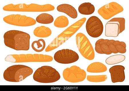 Ensemble de pain, illustration vectorielle de production de boulangerie. Collection de produits de pain de seigle et de pain de grain entier avec bagel de baguette française, tranches de pain grillé et pâtisseries de pains en rouleau de céréales isolées sur du blanc Illustration de Vecteur