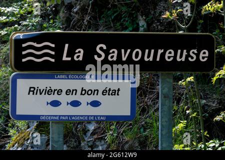 France, territoire de Belfort, Lepuix, ballon d'Alsace, forêt, Chute d'eau de la truite, panneau de rivière intact la Savoreuse Banque D'Images