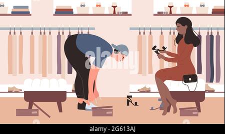 Couple shopaholic personnes essayer sur les chaussures illustration vectorielle. Caricature jeune femme assise sur une chaise et portant des sandales, homme essayant des baskets dans la boutique de mode ou magasin arrière-plan intérieur Illustration de Vecteur