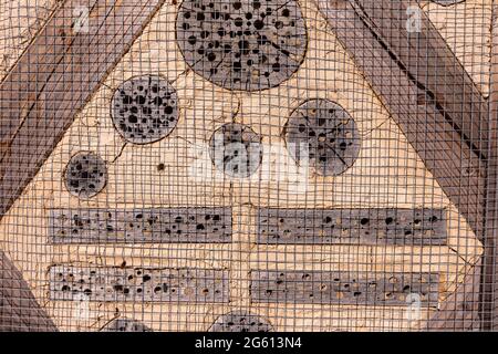 France, Bas Rhin, Beinheim, grand hôtel d'insectes, refuge d'insectes fait de matériaux différents (briques, roseaux, pierres, bois), refuge et terrain de reproduction pour de nombreux animaux, en particulier les insectes hyménoptères Banque D'Images