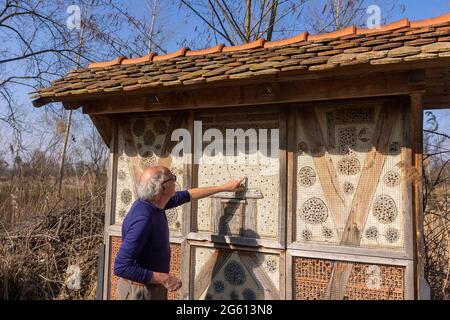 France, Bas Rhin, Beinheim, grand hôtel d'insectes, refuge d'insectes fait de matériaux différents (briques, roseaux, pierres, bois), refuge et terrain de reproduction pour de nombreux animaux, en particulier les insectes hyménoptères, nettoyage volontaire et remise en place des choses cassées ou déplacées par les oiseaux qui viennent manger les larves Banque D'Images