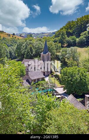 France, Aveyron, village de Belcastel, ancienne étape sur la route de Saint-Jacques-de-Compostelle, village marqué comme l'un des plus beaux villages de France, UNE vue du haut du village avec au bas de l'église Sainte-Marie-Madeleine, église du XVe siècle Banque D'Images