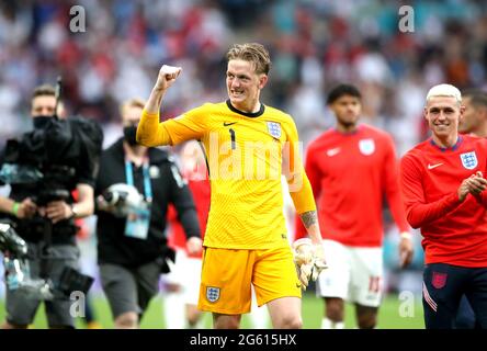 Photo du dossier datée du 29-06-2021 du gardien de but de l'Angleterre Jordan Pickford. Date de la photo: Mardi 29 juin 2021. Date de publication : jeudi 1er juillet 2021. Banque D'Images