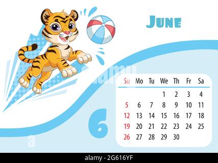 Conception horizontale du calendrier des enfants de bureau pour juin 2022, l'année du tigre dans le calendrier chinois. Adorable personnage en forme de tiger avec balle. Illustration de Vecteur