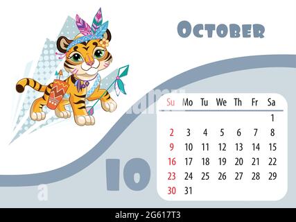 Conception horizontale de calendrier pour enfants de bureau pour octobre 2022, l'année du tigre dans le calendrier chinois. Mignon tigre cub dans un costume indien d'halloween Illustration de Vecteur