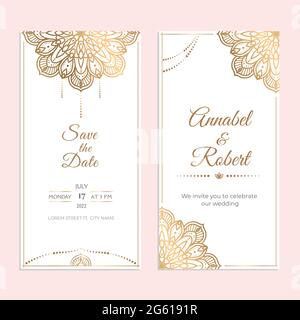 Modèle de couverture de mariage pour les médias sociaux avec des éléments ronds en or de mandala. Carte d'ornement moderne de dentelle ethnique mandalas de luxe. Enregistrer Illustration de Vecteur