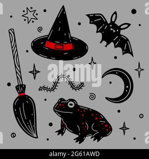 Balai, chapeau, lune, chauve-souris, grenouille dessin à la main illustration vectorielle. Ensemble de vecteurs Halloween. Collection d'attributs et de symboles pour halloween Illustration de Vecteur