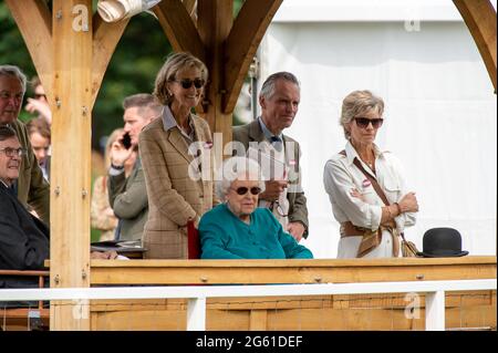 Windsor, Berkshire, Royaume-Uni. 1er juillet 2021. Après une visite en Écosse cette semaine, la reine Elizabeth II était au Royal Windsor Horse Show cet après-midi. Le cheval de sa Majesté Hampton court Margin (en photo) a remporté le meilleur cheval en tournée dans le championnat Freedman Harness Hackney et son cheval Hampton court Ivory a gagné la baie de Cleveland, monté. Crédit : Maureen McLean/Alay Live Banque D'Images