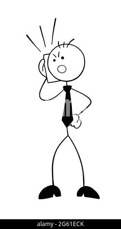 Stickman homme d'affaires personnage en colère et parlant au téléphone, illustration de dessin animé vectoriel. Contour noir et couleur blanche. Illustration de Vecteur