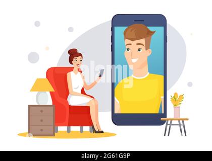 Communication par chat vidéo, femme heureuse discutant avec l'homme en ligne dans la conversation virtuelle Illustration de Vecteur