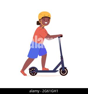 Fille dans un casque de scooter électrique de marche. Illustration de Vecteur