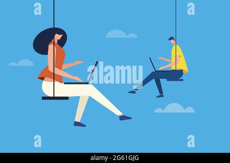 Les gens assis sur une balançoire et travaillant avec un ordinateur portable dans un ciel ouvert. Concept de cloud computing Illustration de Vecteur