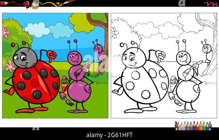 Illustration de dessin animé de fourmis et coccinelles insectes animaux caractères groupe coloriage livre page Illustration de Vecteur