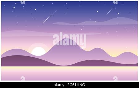 Illustration vectorielle du beau coucher de soleil dans les montagnes avec lac. Nature sauvage, concept de voyage dans les couleurs pastel, coucher de soleil ou lever de soleil dans les montagnes et les collines Illustration de Vecteur