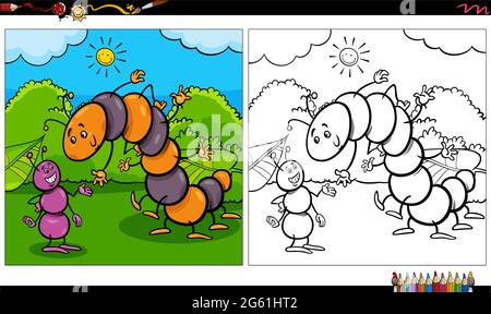 Illustration de dessin animé de fourmis et caterpillar insectes animaux caractères groupe coloriage livre page Illustration de Vecteur
