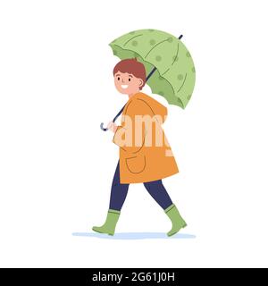 Enfant dans un imperméable jaune sous un parapluie. Illustration de Vecteur