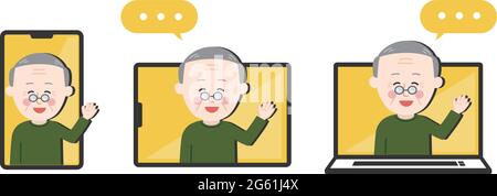 Ensemble d'hommes âgés ayant un appel vidéo avec quelqu'un. Illustration vectorielle isolée sur fond blanc. Illustration de Vecteur