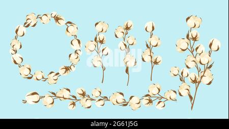Branche de coton plate de dessin animé avec des pétoncules de fleurs texturées blanches, matières premières naturelles pour l'industrie du textile écologique, la fabrication de coton de haute qualité Illustration de Vecteur