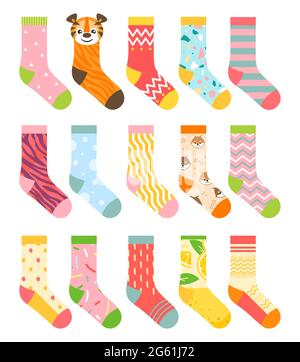 Ensemble d'illustrations vectorielles de chaussettes, collection plate de dessins animés d'articles de vêtements colorés avec différents motifs, chaussettes en coton et laine à rayures, drôle chaud Illustration de Vecteur