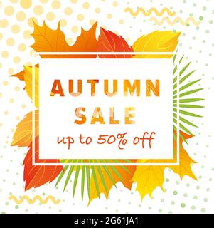 L'automne feuilles vecteur illustration, dessin animé plat automne vente lettering poster, offre spéciale web bannière ou promotion shopping rabais Illustration de Vecteur